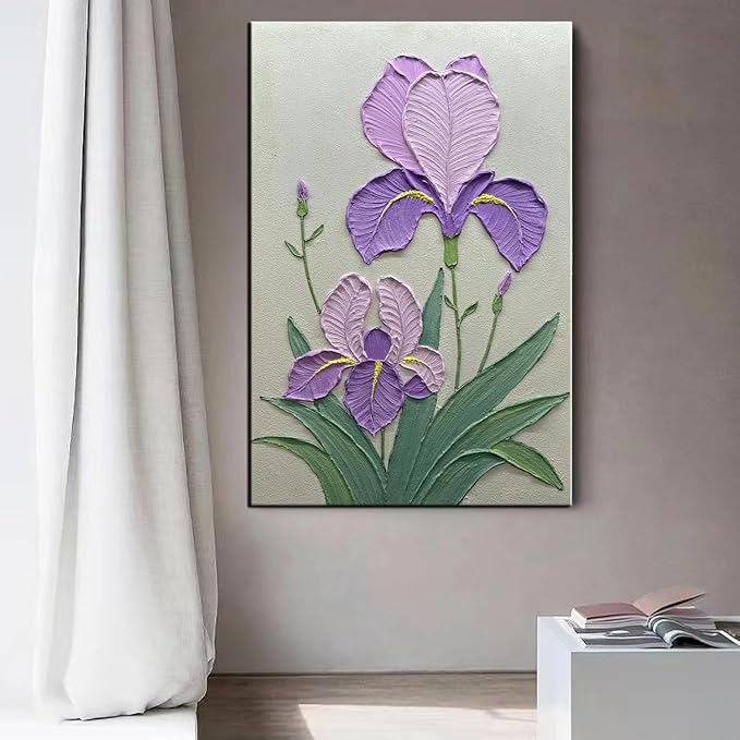 YaSheng Art- Handmade Modern Wall Art Oil Paintings , 3D Textured Wall Art Purple Iris Floral Original Artwork Painting, Modern Minimalist Abstract Wall Art painting, Wall Art for living room Bedroom Wall Deco Home, Framed Wall Art Pictures 36X24 Inch