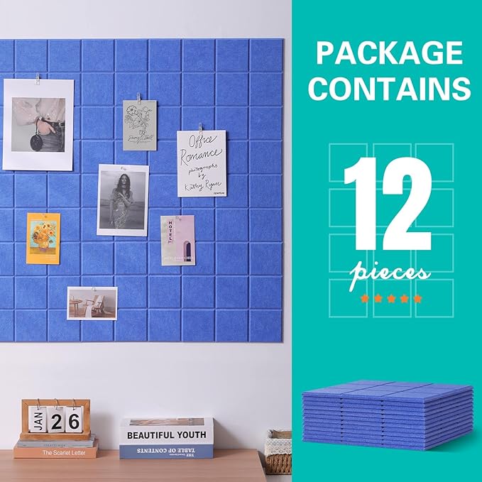 Cork Board for Walls 48" x 36", Bulletin Board for Office Decor, 12 Pack Felt Wall Tiles with Safe Removable Adhesive, Pin Tack Corkboard for Quilting Design & Dart Wall Protector - Sky Blue
