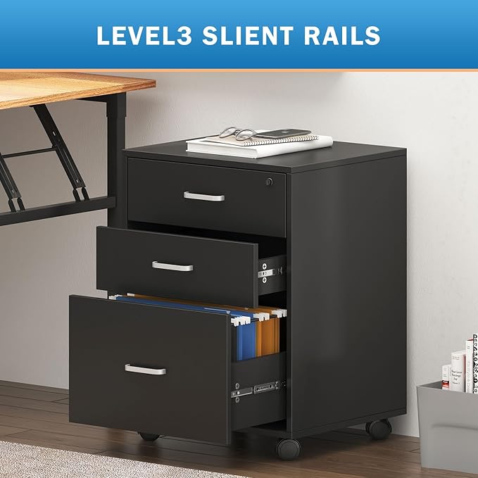Need 3 Drawer Wood Mobile File Cabinet with Lock,Rolling Filing Cabinet for Letter/A4 Size for Home Office, Black