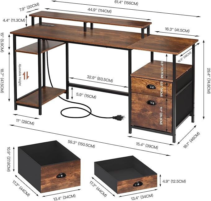 Panana 61.4" Computer Desk with Power Outlet and LED Lights, Desk with 2 Fabric File Cabinet Drawer, Large Reversible Gaming Desk with Shelves and Monitor Stand, Writing Study Desk for Home Office