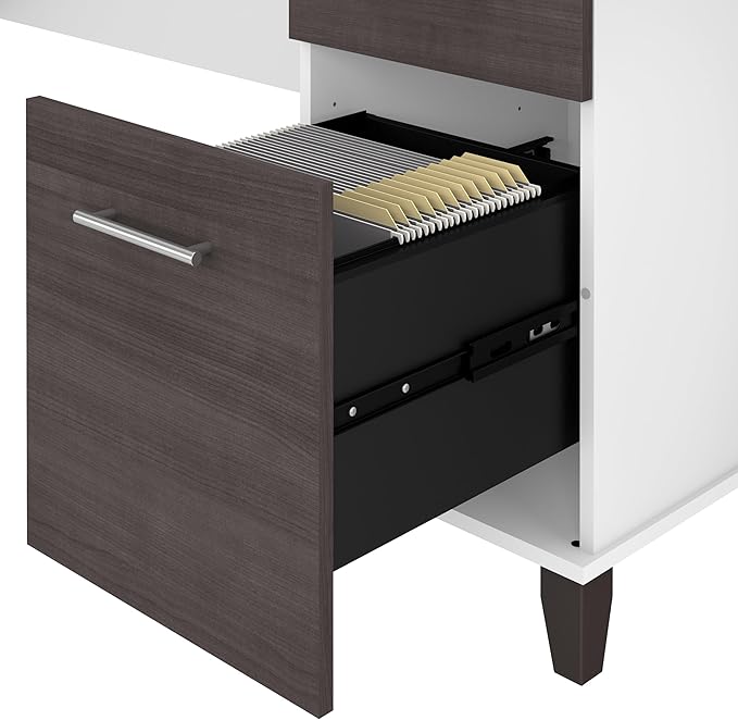 Bush Home Somerset 72W 3 Position Sit to Stand L Shaped Desk with Hutch in White and Storm Gray | Adjustable Height Table for Home Office