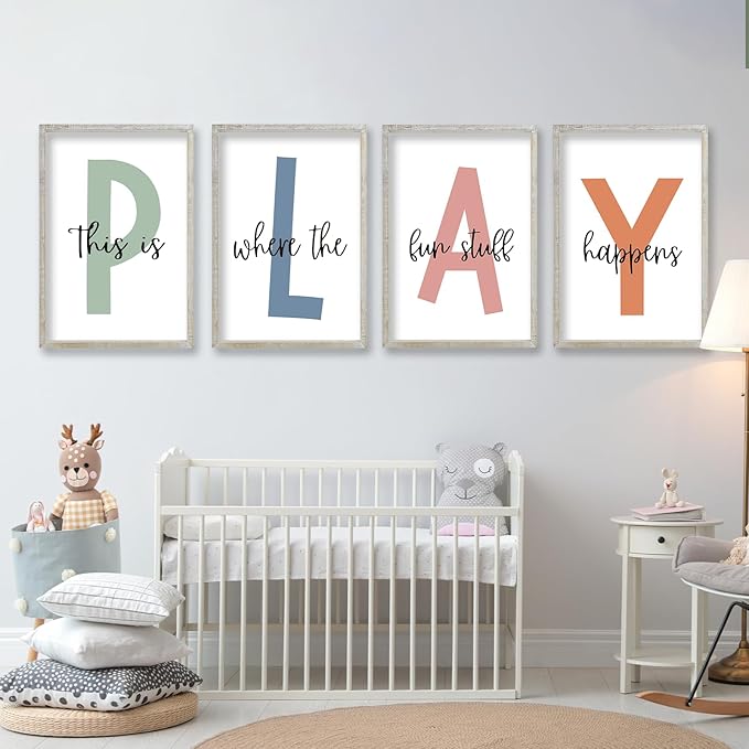This Is Where The Fun Stuff Happens Kids Playroom Wall Art 11x16 Inch Set Of 4 Rustic Kids Wood Framed Boy Sign Toddler Modren Nursery Interesting Let's Play Prints Wall Hang Decor (White)