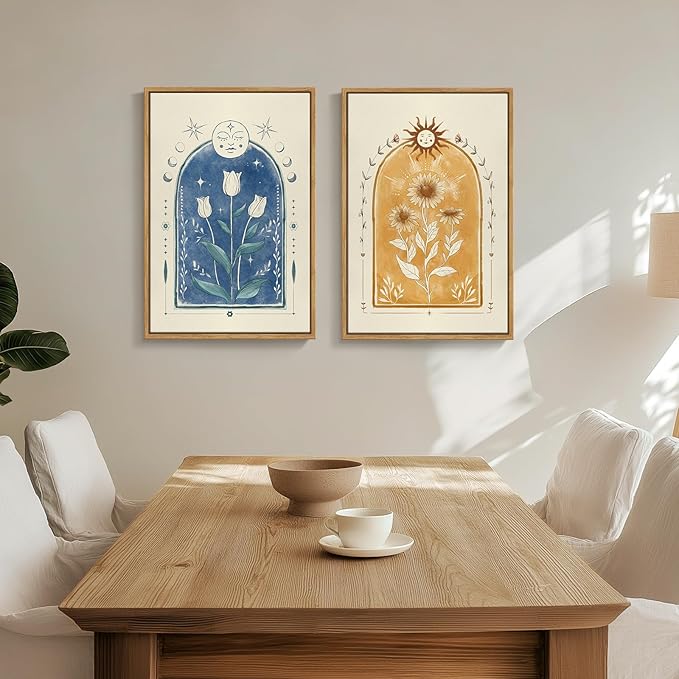 Framed Mid Century Modern Tarot Wall Art for Living Room, Set of 2 Boho Abstract Sun and Moon Floral Canvas Artwork for Walls, Bohemian Painting Print Wall Decor for Bedroom Hallway Office, 16x24 Inch