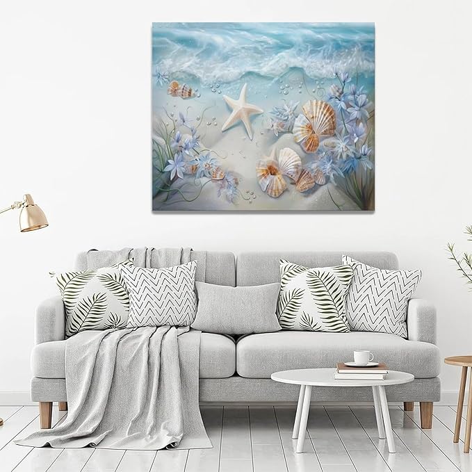 Beach Seashell Bathroom Wall Art Coastal Floral Pictures Wall Decor Flower Starfish Canvas Painting Modern Decoration Artwork for Bathroom Living Room Bedroom Office Framed 24"x20"
