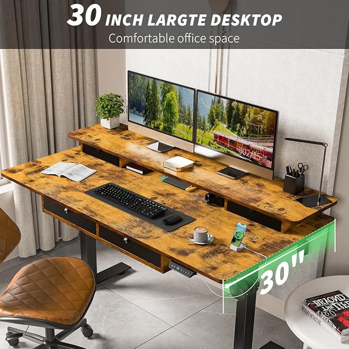 Kingant 48 x 30 Inch Electric Standing Desk with 4 Drawers, Adjustable Height Computer Desk for Home Office, Large Workstation Sit Stand Up Desk with Built-in USB A/C Charging Ports, Rustic Brown