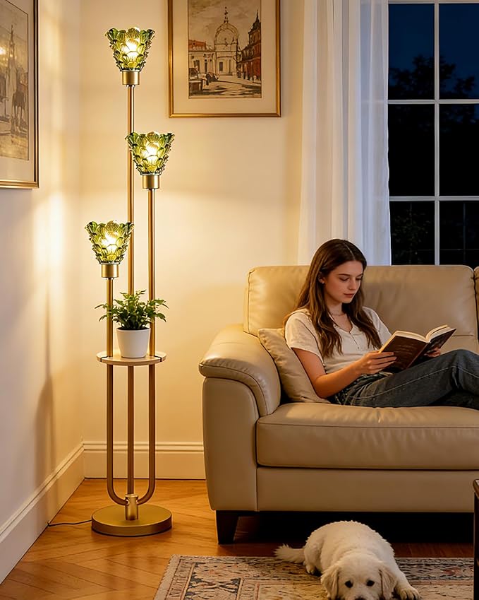 3-Light Modern Glass Floor Lamp with Shelf, Gold Tall Standing Lamp with Green Flower Glass Shade, LED Floor Lamp with Foot Switch for Living Room Bedroom Home Decor, Bulb Included