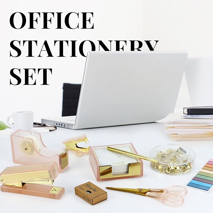 MultiBey Pink Gold Acrylic Sticky Notes Holder Stapler and Tape Dispenser Cutter with Sticky Notes, 950 Staples & Tape, Staple Remover, Scissor, Ballpoint Pen, Paper Clips Set for Women Office Home