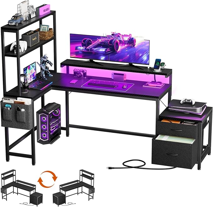 REAHOME 70 Inch L Shaped Desk with File Drawers and Reversible Storage Shelves, Computer Desk with Power Outlet & LED Strip, Home Office Desks, Writing Study Desk for Bedroom, Carbon Fiber Black