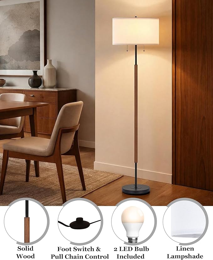 BTP Modern Floor Lamp for Living Room, 2-Light Wood Standing Lamp with Dual Switch, Tall Reading Standing Light for Bedroom Office Dining Room Farmhouse, 3 Color Temperatures 9W Bulbs*2 Included