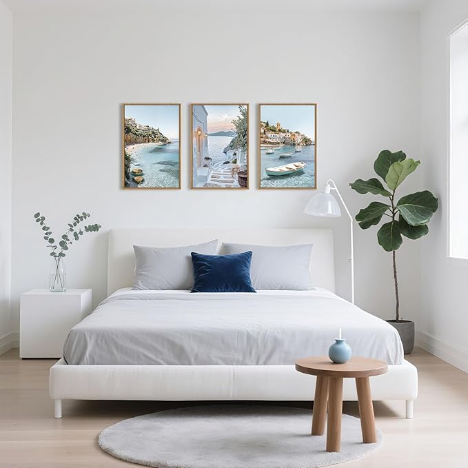 Greek Island Coastal Framed Canvas Wall Art Set,Modern Mediterranean Whitewashed Architecture Scenery Wall Decor,Natural Blue Beach Boat Landscape Artwork for Living Room,Farmhouse- 24"x36"x3