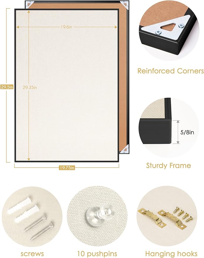 Bulletin Board 30 x 20 inches, Oatmeal White Pin Board Vision Board, Black Aluminum Framed Fabric Cork Board with 10 Push Pins, Black Framed