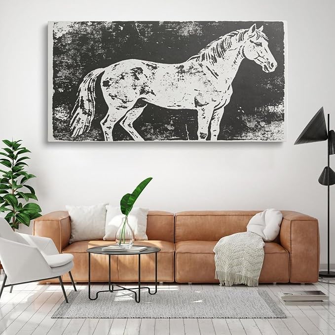 Vintage Horse Framed Canvas Wall Art for Office, Black White Rustic Wall Decor 24" L x 12" W