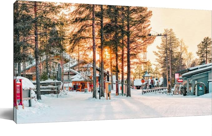 Sunset at Santa Village Lapland Canvas Wall Art Large Framed Prints Pictures Wall Decor Posters Painting Artwork for Living Room Bedroom Kitchen Bathroom 24x47