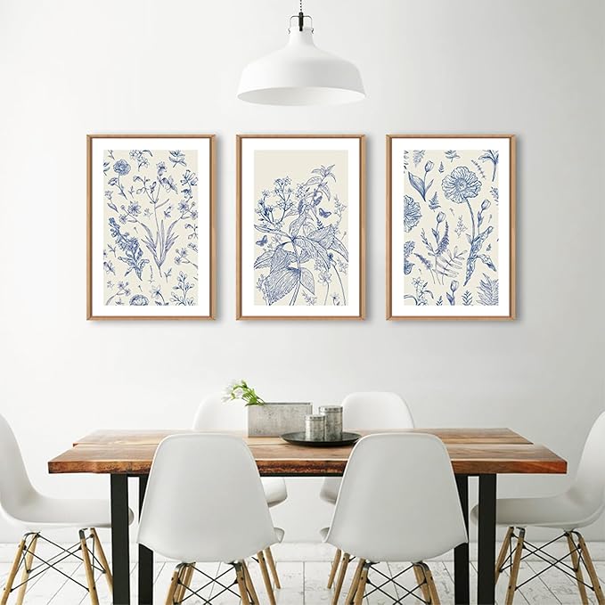 KAIRNE Blue and White Floral Wall Art Set of 3, Chinoiserie Framed Canvas Art Prints, Navy Watercolor Botanical Flower Painting, Wildflower Decor for Living Room, Bedroom, Bathroom, Home - 24x36Inch