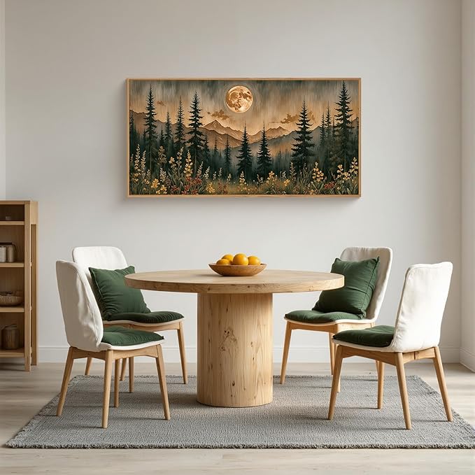 HOURIA Vintage Boho Nature Moonlight Forest Mountain Framed Canvas Wall Art Set,Wilderness Dark Moon Woodland Floral Decor,Retro Wildflower Field Landscape Artwork for Living Room,Farmhouse- 20"x40"x1
