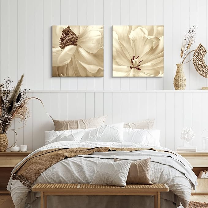 SEVEN WALL ARTS Flower Canvas Wall Art 2 Pieces Neutral Beige Floral Pictures Elegant Blossom Flowers Poster Print for Living Room Bedroom Office Boho Decor 24"x24"