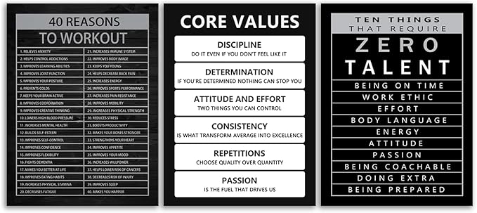 Inspirational Posters 40 Reasons to Workout Wall Art Core Values Pictures Motivational Canvas Painting Inspiring Positive Quotes Print Artwork Modern Home Decor Office Gym Framed[36" W X 16" H]