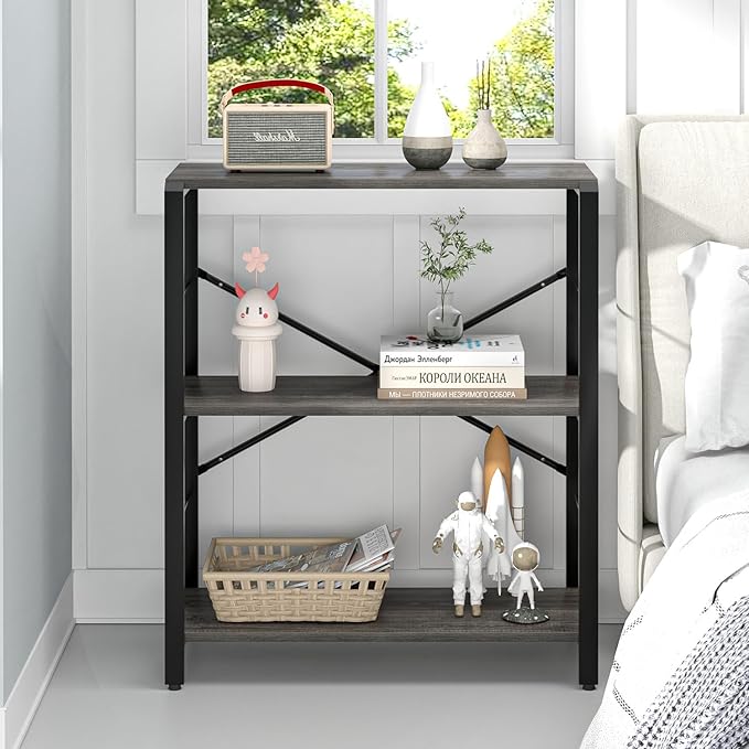 FOLUBAN Industrial Small Bookshelf, 3 Tier Low Short Book Shelf, Metal and Wood Bookcase for Small Spaces, Bedroom Living Room, Dark Gray