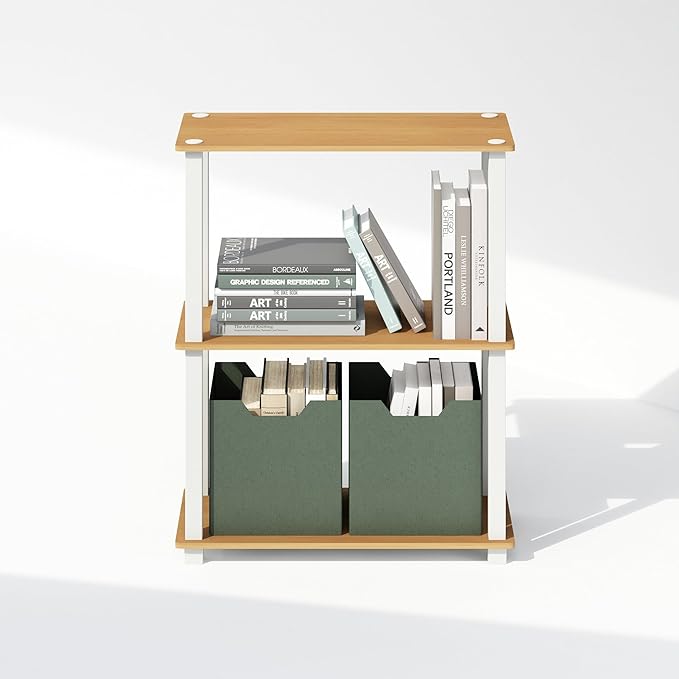 Furinno Turn-S-Tube Book Shelf, 3-Tier Bookshelf, Multipurpose Bookcase with Square Tube, 11.6 x 23.6 x 29.6, for Living Room, Bedroom, Home Office, Beech/White