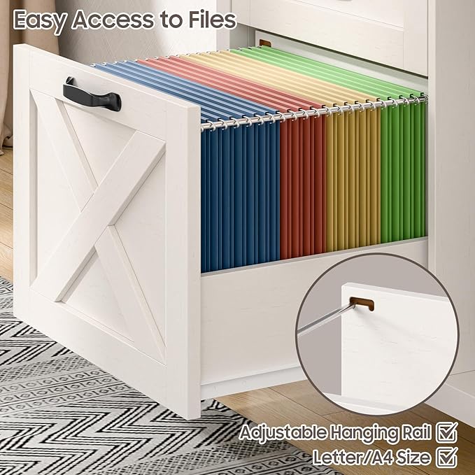 Vabches Lateral File Cabinet, Farmhouse 2 Drawer File Cabinet with Open Storage Shelf for Letter/Legal/A4 Size Hanging Files, Large Wood Storage Cabinets Printer Stand for Home Office, White