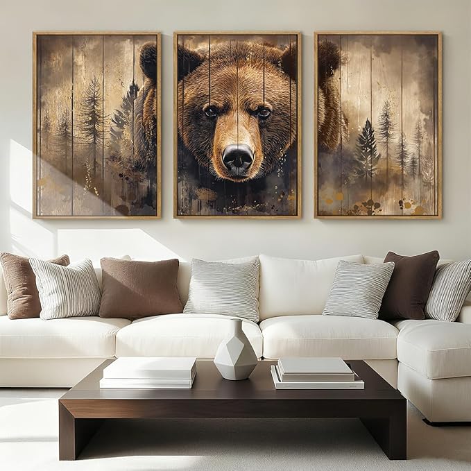 ANHUIB Brown Bear Wall Art 16x24 Inch Forest Paintings Rustic Wildlife Wall Decor Set of 3 for Living Room Bedroom Dining Room