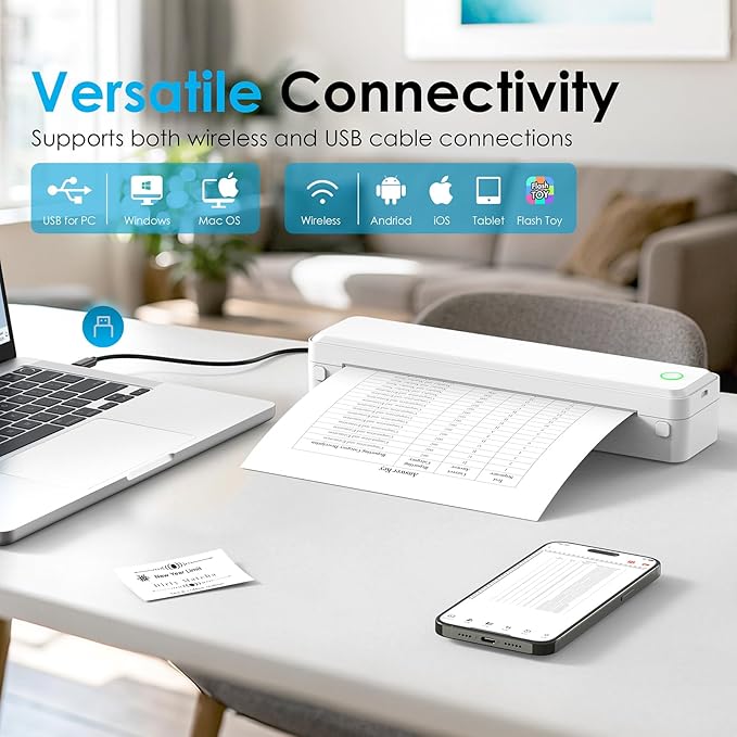Bluetooth Thermal Printer, Portable Printer Wireless for Travel,Office&School, Includes 3 Rolls Paper – Supports US Letter,A4 Thermal Paper, Inkless Printing, Compatible with iOS,Android&Laptops
