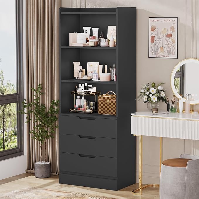 DICTAC Bookcase with 3 Drawers and Shelves 73.23'' Tall Bookshelf with Storage Modern Wood Closet Drawers System,Closet Organizer Unit Freestanding Tall Storage Cabinet for Home Office,Bedroom,Black
