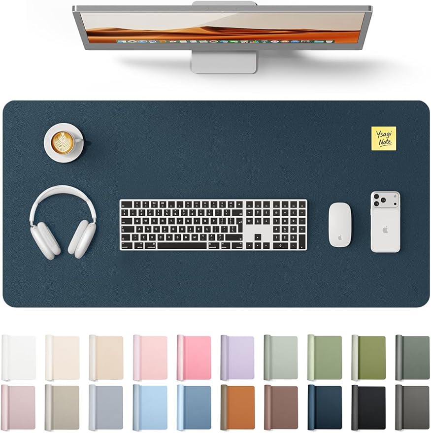 YSAGi Leather Desk Protector, Office Mat, Large Mouse Mat, Non-Slip PU Leather Blotter, Laptop Pad, Waterproof Writing Pad for Office and Home (Dark Blue, 31.5" x 15.8")