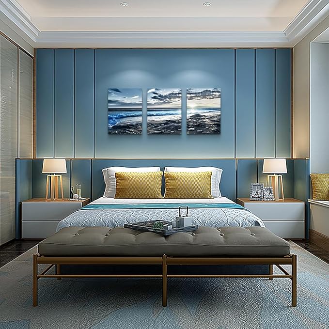 DZRWUBHS Canvas Wall Art - Modern Decor for Living Room, Office & Bedroom - 3 Piece Blue Beach Seascape Wall Prints