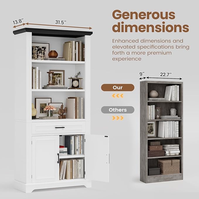 SEDETA Farmhouse Bookshelves and Bookcases with Doors and Drawer, Bookshelf with Storage, Floor Standing 6 Shelf Display Storage Shelves 70 in Tall Bookshelf for Home Office, Living Room, White
