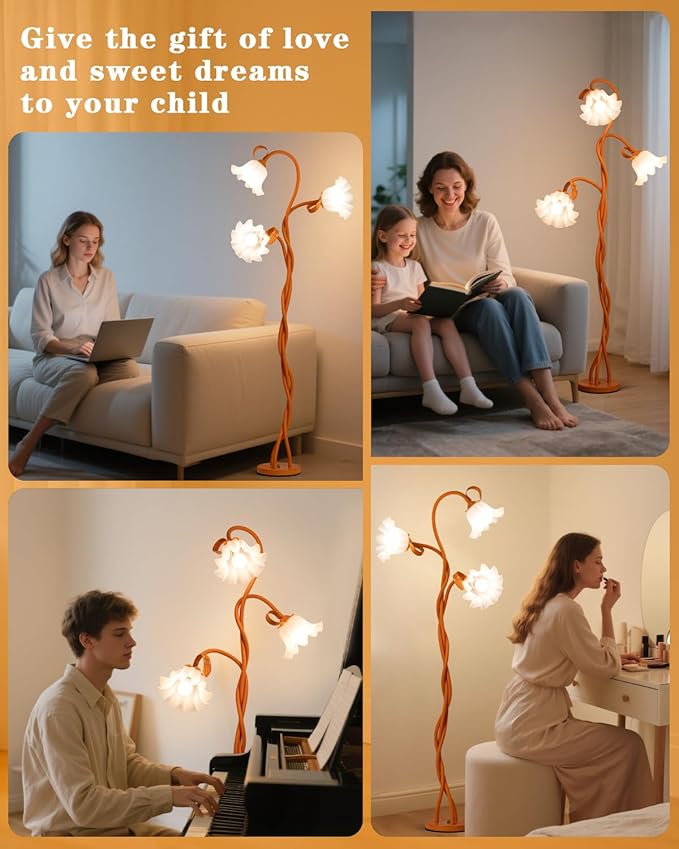 Flower Standing Lamp for Bedroom - 3 Color Temperatures Decorative Flower Tall Floor Reading Lamp with Flexible Neck for Bedroom Living Room Office Corner (Orange)