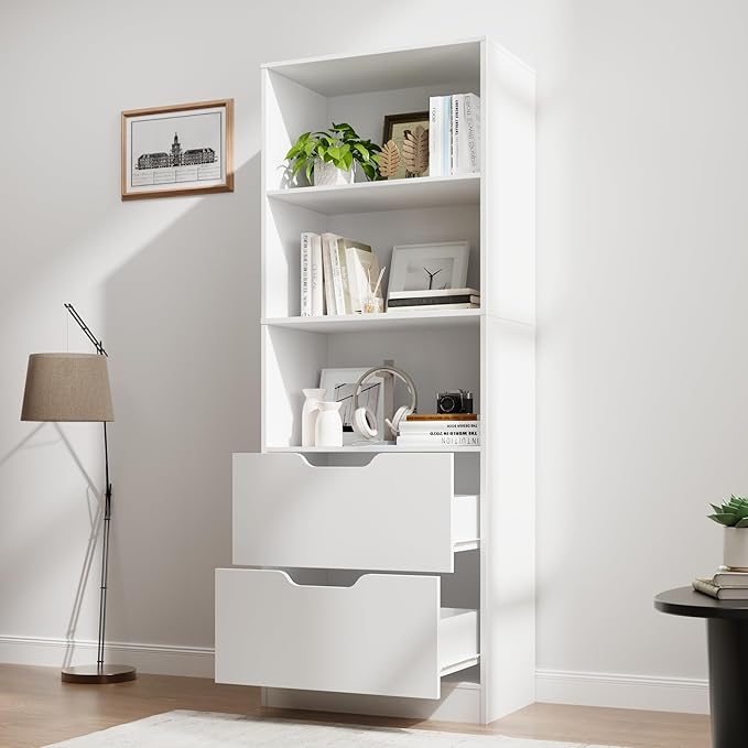 Bookcase with 2 Drawers, 63" 3-Tier Bookshelf with Storage, 3 Shelf Bookcase with Adjustable Shelf, Modern Bookshelf, Open Shelves Bookshelf for Study, Bedroom & Home Office, White