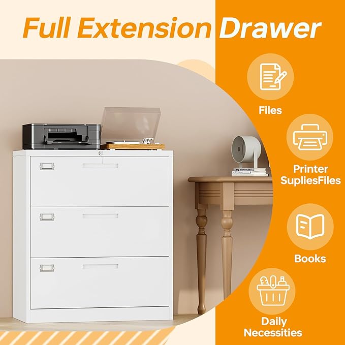 STANI Lateral File Cabinet with Lock, 3 Drawer Lateral Filing Cabinet, Metal Lateral File Cabinet for Home and Office, Metal Storage File Cabinet for Hanging Files Letter/Legal/F4/A4 Size