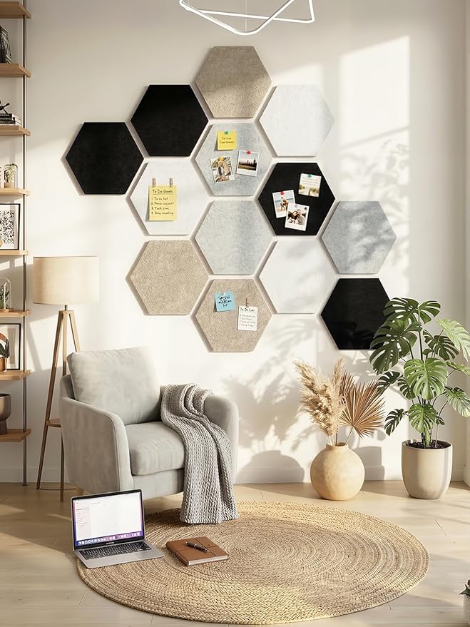 12" Large Bulletin Board with 30 Push Pins, Pack of 8 Hexagon Felt Pin Board Notice Boards for Home Office Kitchen, Felt Wall Tiles for Photos Memos
