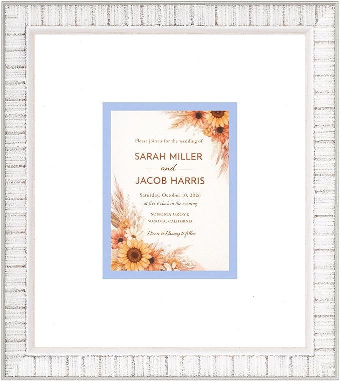 Poster Palooza Wedding Invitation Display Frame 10x11.25 in White With White and Sky Blue Double Mat for 4.25x5.5 A2 Keepsake | USA Made