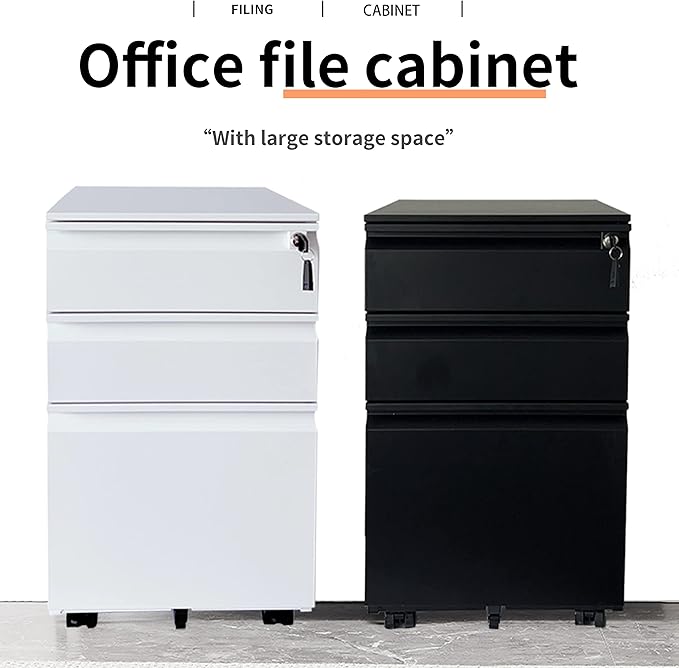 3-Drawer Mobile File Cabinets Rolling ，Vertical Metal Filing Cabinet for Legal & Letter File Anti-tilt Design with Lock Under Desk Office Drawers Fully Assembled (Black)