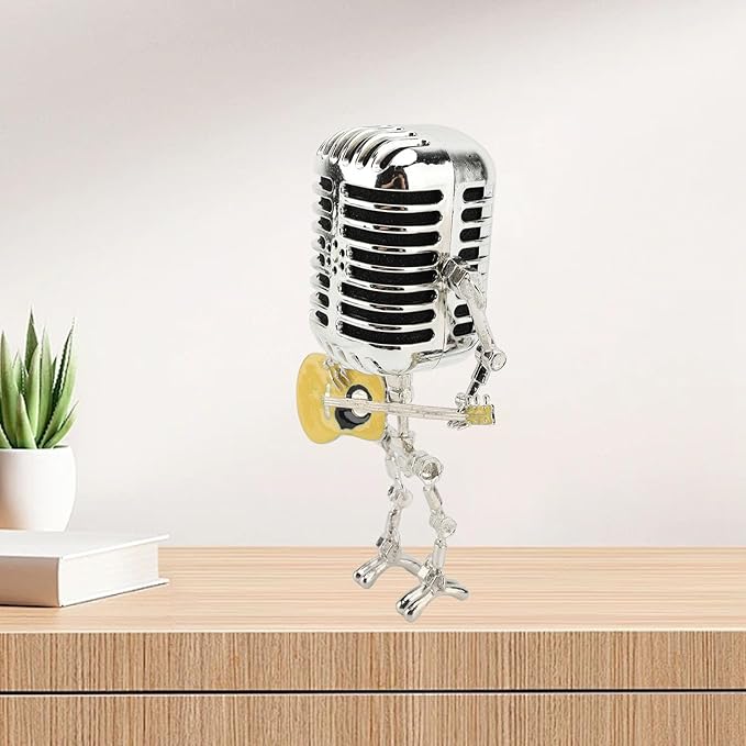 ZJchao Vintage Microphone Guitar Robot Table Lamp Aluminum Retro Metal Robot Night Light for Bedroom Desk Home Decor (Yellow)
