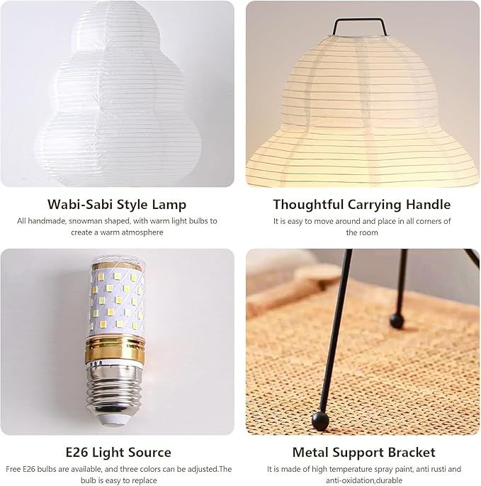Noguchi Lamp, Wabi-Sabi Paper Floor Lamp, Dimmable Japanese Rice Paper Lantern, Akari Floor Lamp with 3 Color, Japan Lamp for Living Room, Bedroom or Desktop