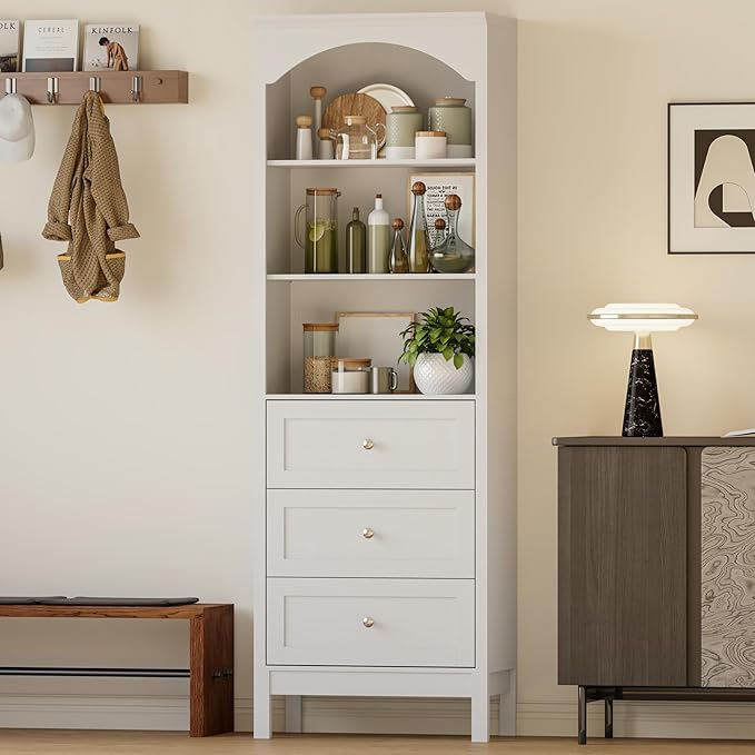 71" H Tall Bookshelf with Drawers, Farmhouse Book Shelf with 3-Tier Open Shelves, Wooden Bookcase with Storage Drawers, Freestanding Bookshelves for Bedroom, Living Room, White