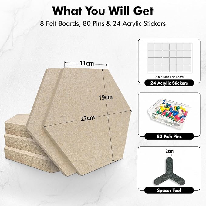 8-Pack Hexagon Felt Cork Board, 1/2" Thick Felt Bulletin Pinboard with 80 Push Pins, Adhesive Tabs, Geometric Cork Wall Tiles for Photos, Memos, Home & Office Decor (Beige)