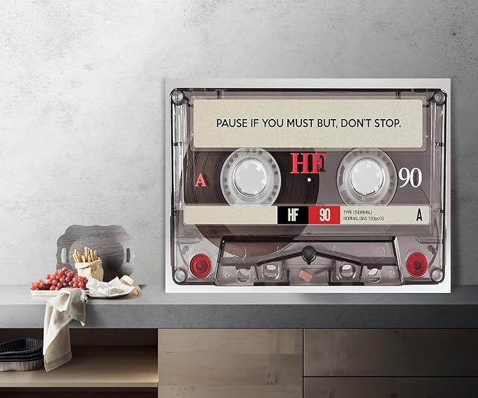 Pause If You Must but Don't Stop Positive Quotes Posters and Prints Inspirational Canvas Wall Art Retro MUSIC LOVER TAPE Artwork Motivational Home Office Decor Wooden Framed Ready to Hang-24 Wx18 H