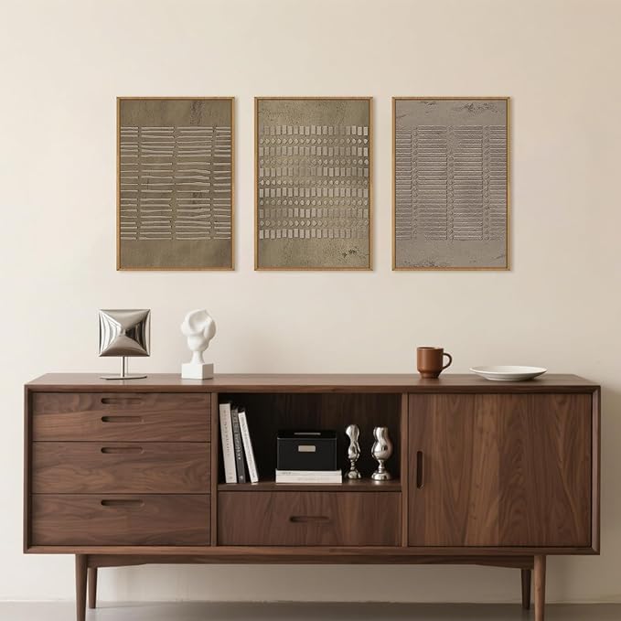 Large Abstract Brown Beige Framed Canvas Wall Art,Modern Lines Dots Wall Decor,Boho Neutral Minimalist Artwork,Mid Century Geometric Art Print for Living Room,Bedroom,Office- 24"x36"x3