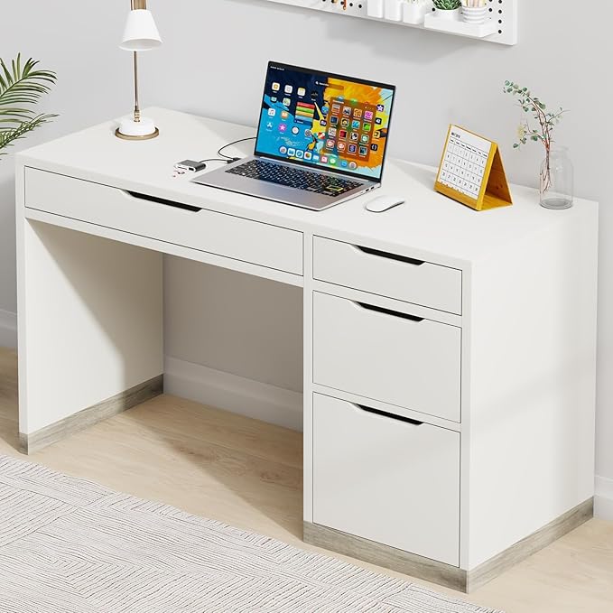 52 Inch White Desk with 4 Drawers, Computer Desk with Storage for Small Spaces with Storage File Drawer, Small Home Office Desk with Drawers for Bedroom