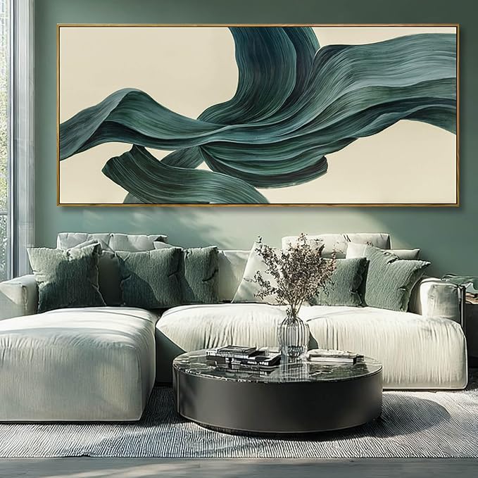 Large Abstract Canvas Wall Art 32x70 Inch, Dark Green Framed Canvas Wall Art, Modern Horizontal Printed Wall Art with Wooden Frame for Living Room Home Decor