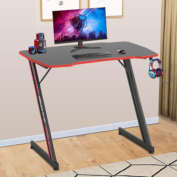 BestOffice Gmaing Desk 35.4in PC Computer Desk Z Shaped Gaming Workstation Ergonomic Gaming Table with Headphone Hook for Home Office, Red
