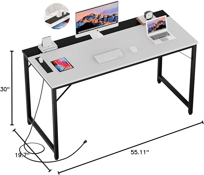 55 Inch Computer Desks with Power Outlets and USB Charging Ports, Modern Office Desk for Small Spaces, Sturdy Laptop PC Gaming Writing Table for Students, White and Black