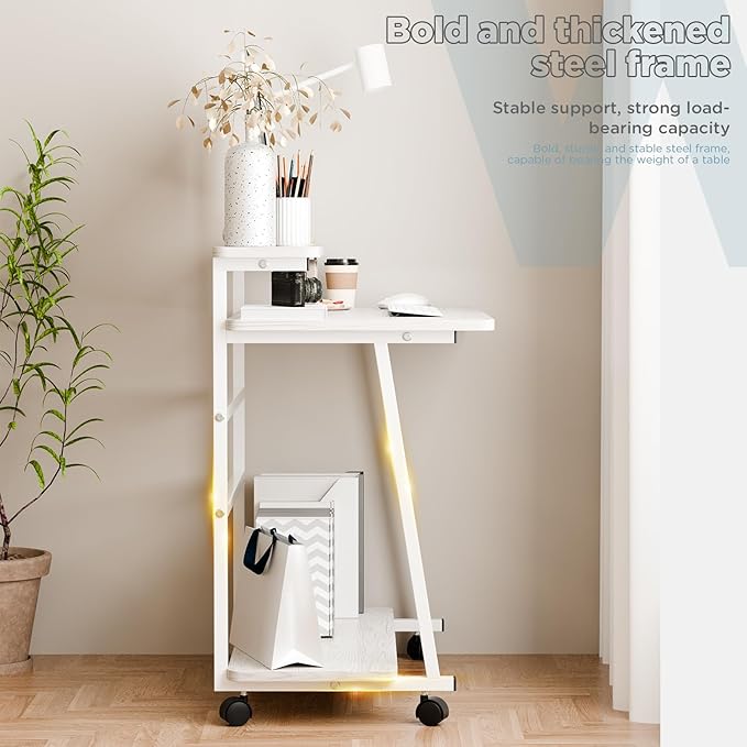 3 Tiers Rolling Computer Desk on Wheels, 80x50cm Small Computer Desk for Small Space, Work Office Desks with Monitor Stand, Student Writing Desks with Lockable Wheels (White)