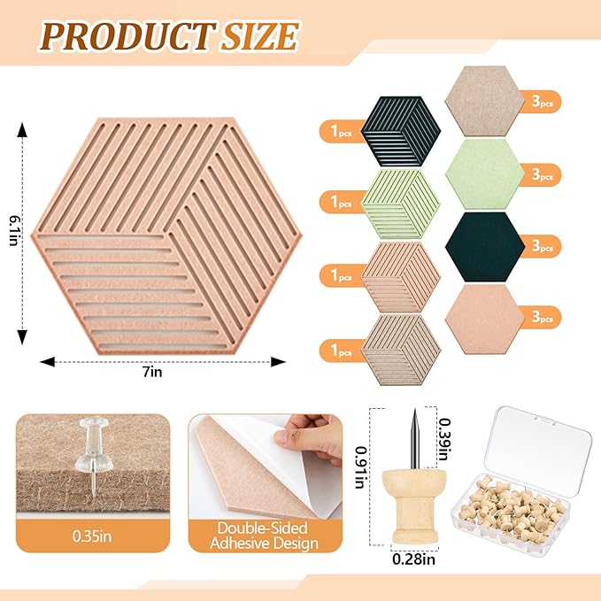 16 Pcs Hexagon Cork Boards Tiles for Walls Decor 7 x 6 Inch Cork Bulletin Board Tiles with 50 Pins, Pin Board for Office Home for Office & Home for Notes Photos and DIY Classroom Decor