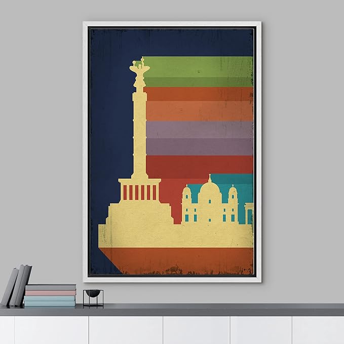 IDEA4WALL Framed Canvas Print Wall Art Retro Vintage Berlin Germany Poster Cultural Building Illustrations Modern Art Contemporary Scenic Warm for Living Room, Bedroom, Office - 24"x36" WHITE