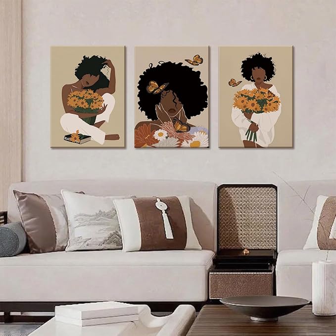 TUEASKY 3 Piece Canvas Wall Art African American Wall Decor Black Woman Pictures Sunflower Butterfly Paintings Abstract Prints Boho Artwork for Bedroom Bathroom